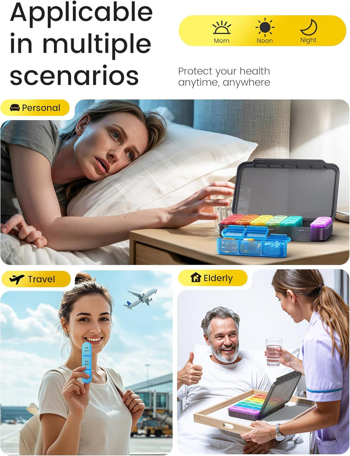 Weekly Pill Box 7 Day 3 Times a Day (Morn/Noon/Night), Daily Portable Travel Pill Box Organiser, Tablet Organiser with Large Compartments, Hold for Fish Oils, Vitamins, Supplements (Black)