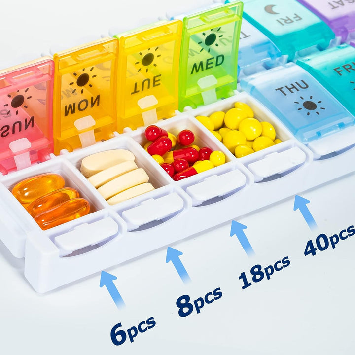 7 Day Pill Organiser 2 Times a Day, Weekly Pill Box Push Button 2 in 1 Design, Large Tablet Box for Travel, BPA Free Daily Pill Case, Pill Boxes 14 Day for Vitamin/Fish Oil/Supplements/Medication