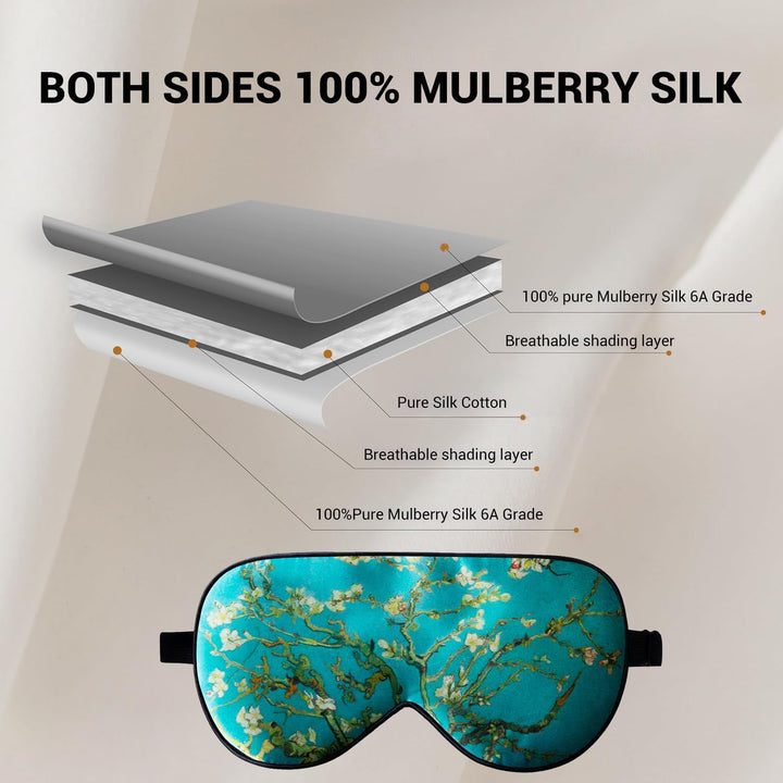 100% Natural Mulberry Silk Eye Mask for Sleeping with a Travel Pouch, Both Sides 19 Momme Organic Silk, Adjustable Sleep Eye Mask for Women, Green-Floral