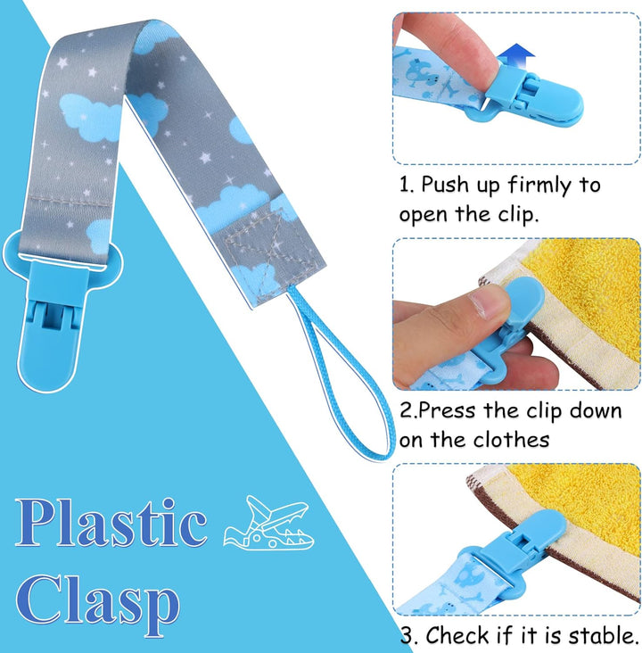 5 Pcs Dummy Clips with 5 Pcs Silicone Adapter, PP Material Baby Pacifier Clip for Boys, Soother Chain Holder Straps Teething Clips for Baby Teething Toys Baby Shower (Blue)