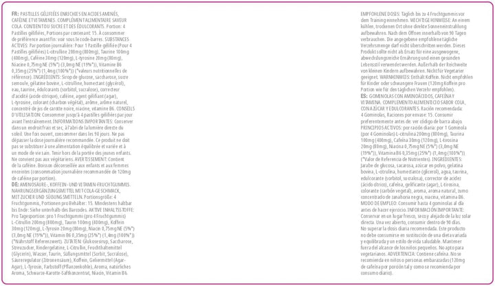 Pre-Workout Gummies – Cola Flavour – Energy-Boosting Caffeine Gummies with L-Citrulline, Taurine, and B Vitamins – Fast-Acting & Convenient Pre-Workout Supplement