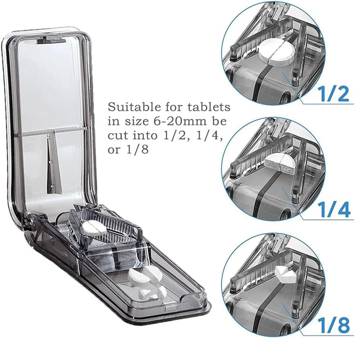 Pill Tablets Cutters for Small or Large Pills Cut in Half Quarter, Pill Splitter with Sharp Blade & Pill Storage Compartment (Black)