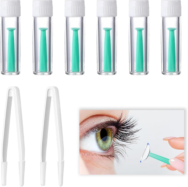 6 Pack Silicone Contact Lens Inserter, Contact Lens Remover with 2 White Tweezers, Hygienic Suction Holder for Soft and Hard Lenses Ideal for Travel and Daily Use Lightweight and Portable Design Green