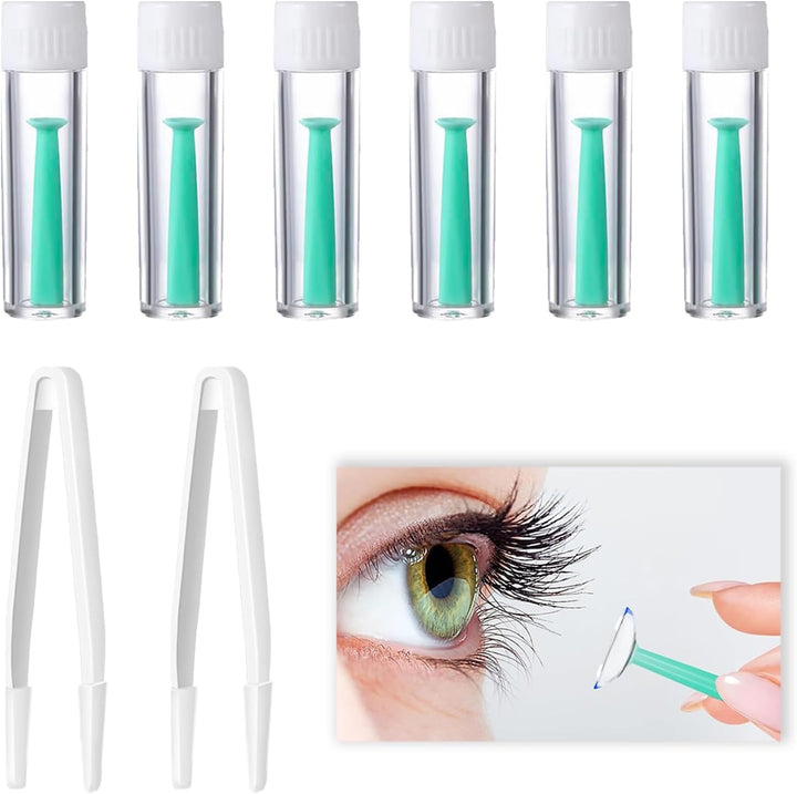 6 Pack Silicone Contact Lens Inserter, Contact Lens Remover with 2 White Tweezers, Hygienic Suction Holder for Soft and Hard Lenses Ideal for Travel and Daily Use Lightweight and Portable Design Green