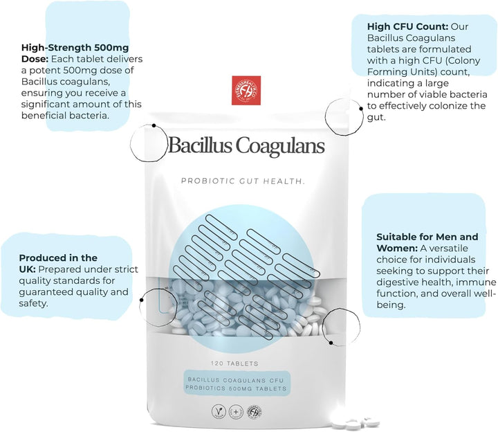 Bacillus Coagulans CFU 120 Tablets 500MG | Vegan Multi-Strain Live Digestive Enzyme Supplement for Men & Women | Help in Immune Support & Better Gut Health
