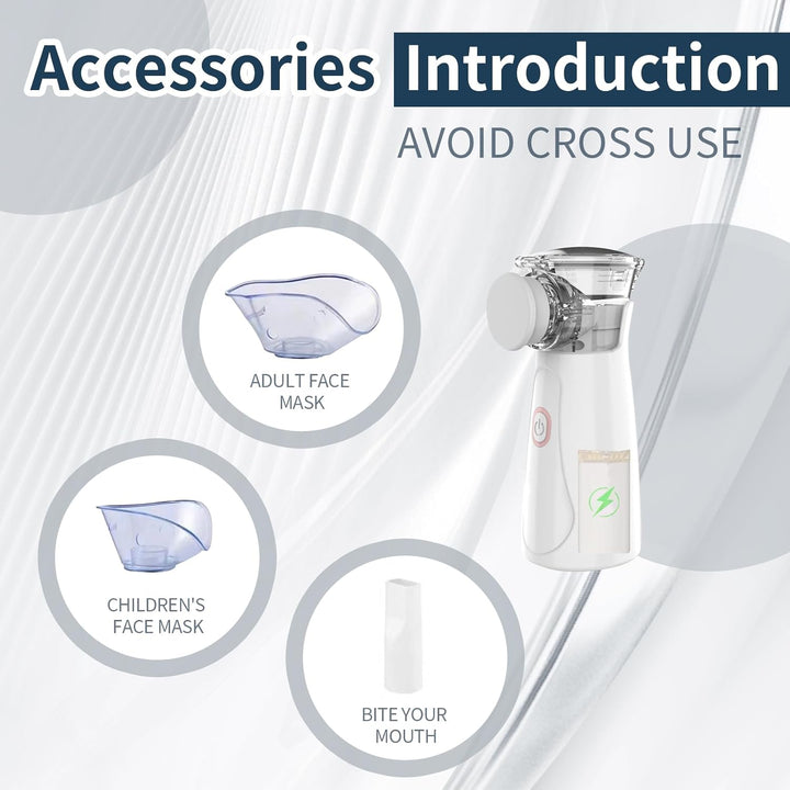 Nebuliser Machine for Adults & Kids, Portable Handheld Inhaler, Ultrasonic Rechargeable Nebulizer with 2 Masks & Mouthpiece, Easy to Use & Clean, Silent Nebuliser for Home & Travel