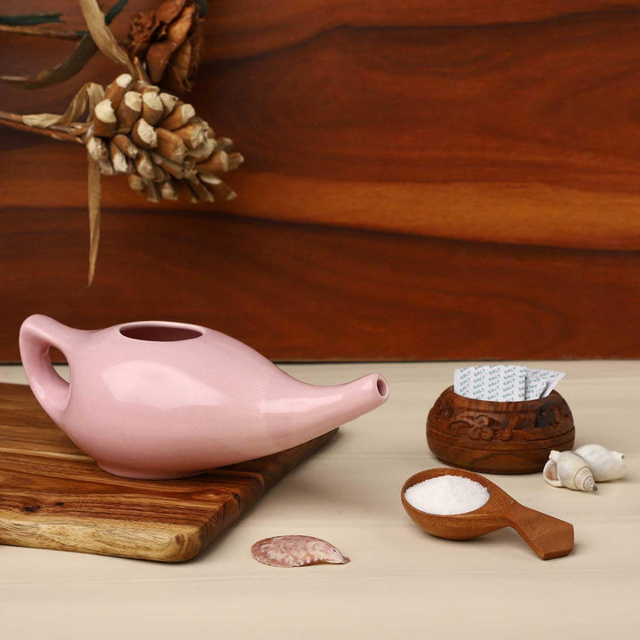 Ancient Impex Porcelain Ceramic Neti Pot with 05 Sachet Neti Salt for Nasal Cleansing - Peach Color