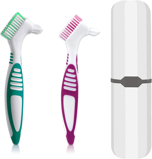 Denture Brush, 2 Pcs False Teeth Toothbrush with White Carrying Case, Multi-Tiered Bristles with Comfort Grip Handle for Effective Denture Cleaning