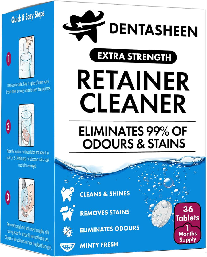 Retainer Cleaner Tablets - 120 Tablets 4 Months Supply - Fresh, Brite and Stain-Free Retainer Cleaning Tablets, Aligner, Gum Shield, Mouth Guard, Denture Cleaners - Dentasheen