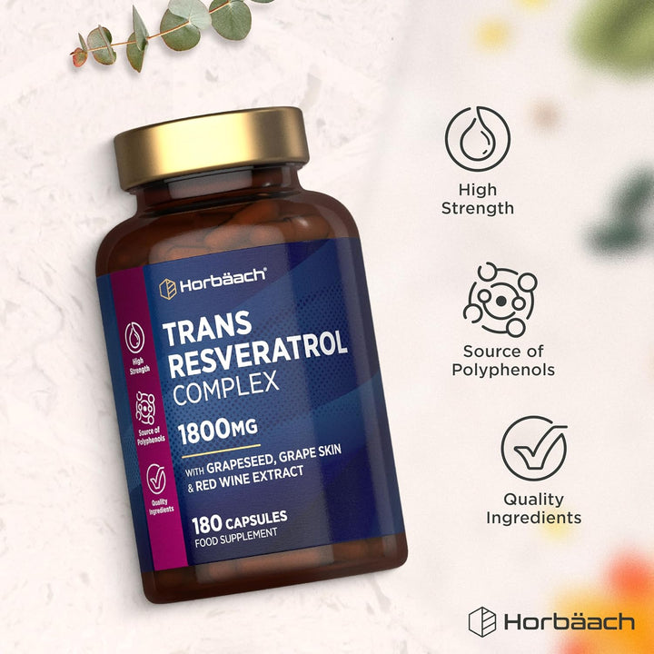 Resveratrol Supplement 1800Mg | 180 Capsules | Trans Resveratrol Complex with Grapeseed, Grape Skin, Red Wine Extract and Blueberry | Source of Polyphenols | by