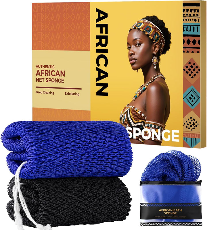 African Net Sponge Authentic - 2 Pieces Body Back Scrubber Bath Sponge with Knots - Afro Loofah Exfoliating Wash Cloth for Shower - African Body Care Daily Use Bathing Accessories
