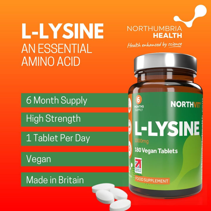 L-Lysine 1000Mg High Strength Tablets, 180 Vegan Tablets (6 Month Supply) Essential Amino Acid, Normal Growth & Muscle Turnover, Made in the UK by