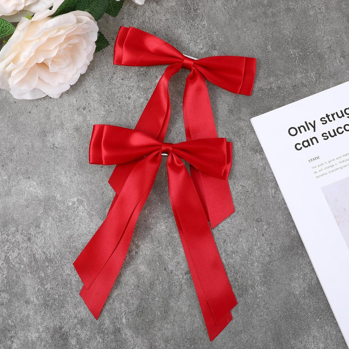 2 Pcs Red Hair Bow, Satin Bows Red Hair Ties, Large Double Satin Ribbon Hair Clips Red Accessories for Holiday Party Women Girls Ponytail Holder
