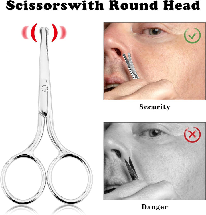 2PCS Professional Grooming Scissors for Personal Care, Hair Cutting and Eyebrow Trimming, Nose Trimmer and Facial Hair Removal, round Tip Design Stainless Steel Scissors (Silver)