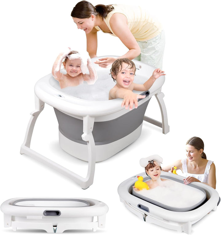 Baby Bath Tub with Bath Stand, 81 X 40 X 24 Cm, Ergonomic Baby Bath with Foldable Bath Stand, Foldable Bathtub with Non-Slip, Folding Bathtub for Newborns ，Grey