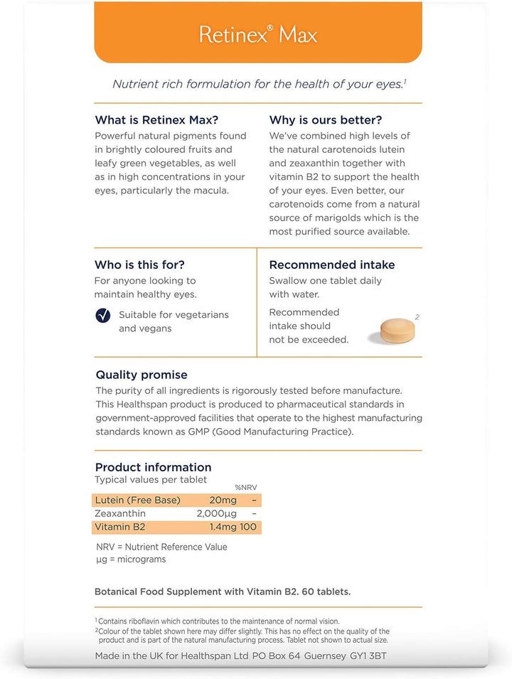 Retinex Max Eye Support (60 Tablets) | Long Term Vision & Eye Health | 20Mg Lutein & 2,000Ug Zeaxanthin | Vitamin B2 Contributes to Normal Vision | Natural Source Carotenoids | Vegan