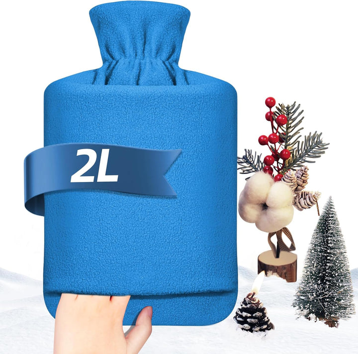 Hot Water Bottle with Fleece Cover - 2L Large Leakproof Hot Water Bag - Soft Hot Water Bottle with Hand Pocket and Natural Rubber -For Hands, Feet, Shoulders, Neck, Abdomen, Legs (Red)