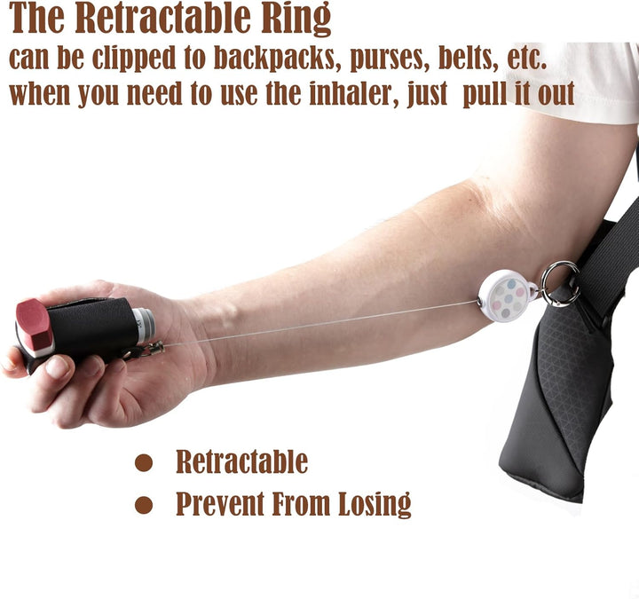 Asthma Inhaler Holder Keychain Retractable Clip PU Leather Portable Travel Handy Holder for Kids and Adults, Inhaler Not Included (Black)