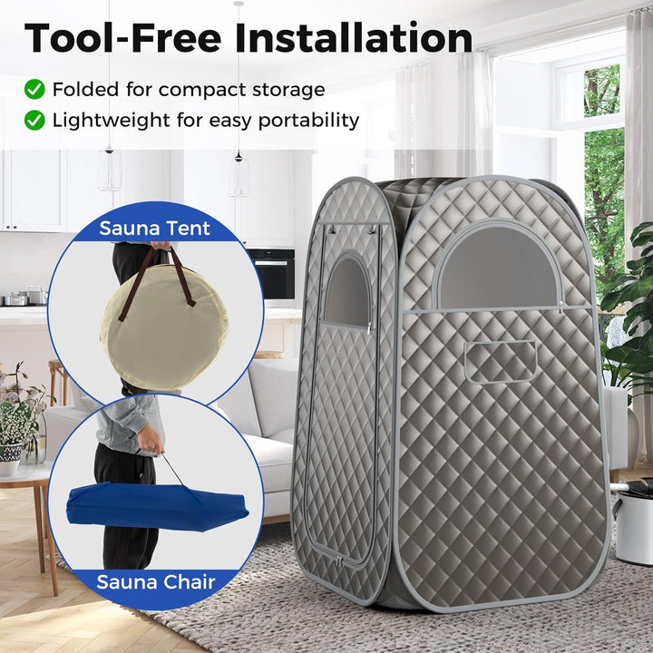 Portable Sauna Steam for Home, Folding Full Body Sauna Tent Steam Room with 3L Steamer Generator, Remote Control & Chair, Pop-Up Personal Home Sauna Pod Box for Therapy Detox Slimming (Grey)