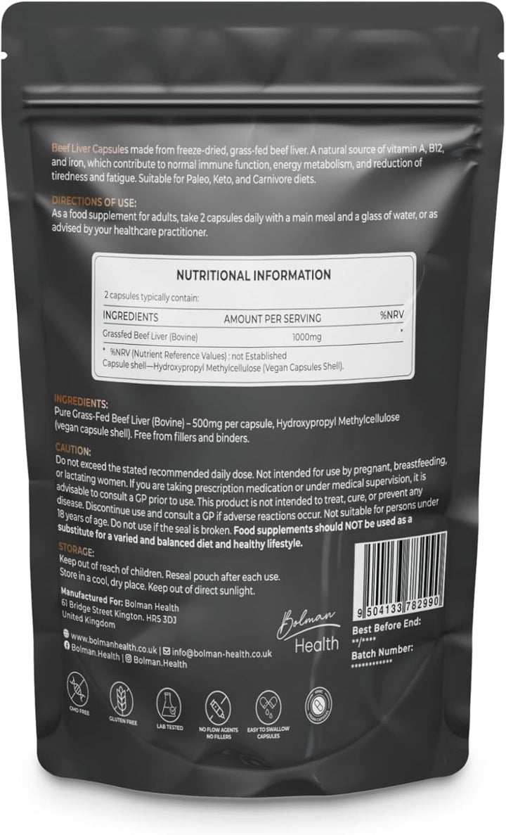 Grass-Fed Beef Liver Capsules | 1000Mg Freeze-Dried Bovine Liver | Supports Energy, Immunity, Metabolism & Vitality | 60 Capsules | High Protein Nutrient-Dense Superfood | Non-Gmo | Made in UK