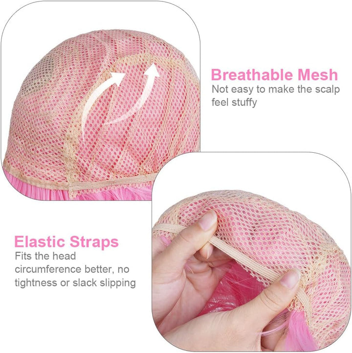 Pink/B Short Bob Wig for Women, 3 PCS, Synthetic Straight Wig, Heat Resistant, Modern Style, Perfect for Cosplay, Parties & Everyday Use