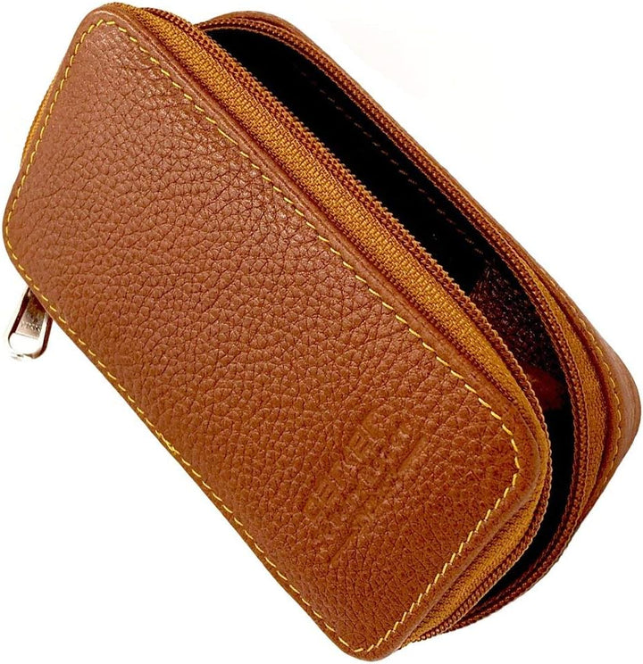 Genuine Leather Double Edge Safety Razor Zippered Travel Case with Compartment for Blades Too - from Saddle Brown