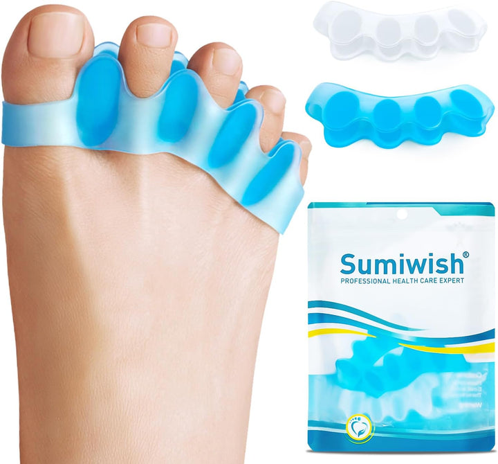 Toe Separators & Toe Spacers - 4 Pairs (Blue and Clear) - Soft Toe Straighteners for Bent Toes - Silicone Toe Separators for Overlapping Toes, Plantar Fasciitis, Hammer Toes & Claw Toes