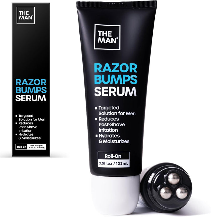 The Man Razor Bumps Serum - Ingrown Hair Treatment for Men - Razor Bump Treatment for Men - Face & Body after Shave & Razor Burn Treatment - Metal Roll on Soothes Skin & Calms Irritation (3.5Fl.Oz)