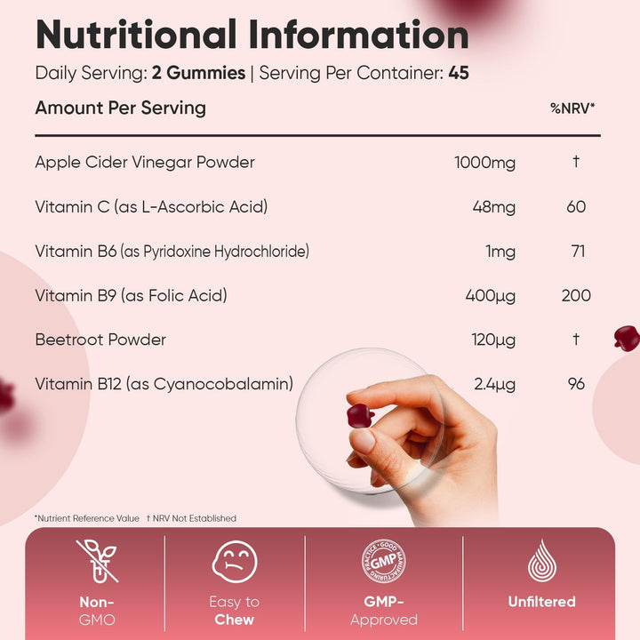 Apple Cider Vinegar Gummies 1000Mg - 90 Gummies - with Natural Apple Flavour - 45 Days Supply - Apple Cider Vinegar with Mother - Vitamin C, B12, B6, B9 & Beetroot Powder - Unfiltered & Vegan-Friendly
