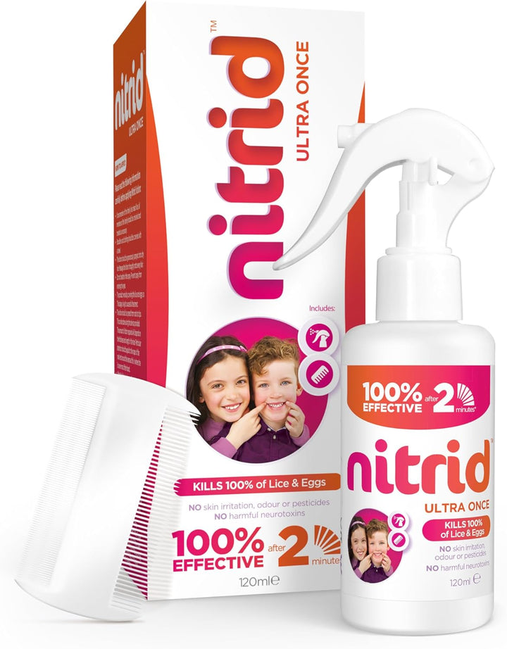 Ultra Once All-In-One Head Lice Treatment Spray & Comb - 100% Effective on Lice & Eggs in 2Mins, Includes Spray 120Ml & Nit Comb - 2023 New Formulation