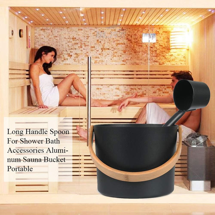 Aluminum Sauna Bucket and Ladle Set Portable,Sauna Bucket and Long Handle Ladle Cedar,Sauna Steam Water Accessories,Bath Accessories Supplies,Accessories for Sauna Steam Room(Black)