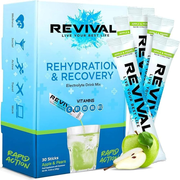 Revival Rapid Rehydration Electrolytes Powder - High Strength Vitamin C, B1, B3, B5, B12 Supplement Sachet Drink, Effervescent Electrolyte Hydration Tablets - 12 Pack Assorted Flavours