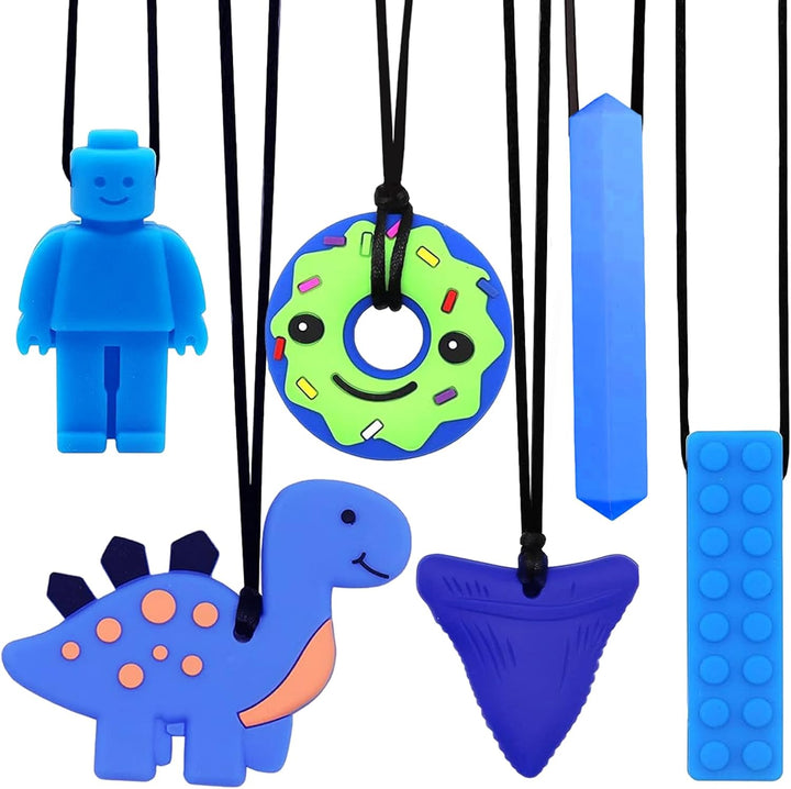 6PCS Sensory Chew Necklace, Teether Chew Toys Safety Food Grade Silicone for Kids Toddlers ADHD, Autistic, Biting Needs, Oral Motor Teether Chew Pendant Toy with Adjustable Buckle for Baby Boys(Green)