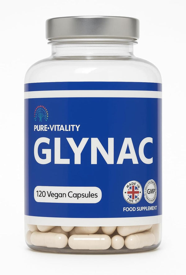Pure:Vitality Glynac - 120 Capsules, 1200Mg Glynac (600Mg Glycine & 600Mg N-Acetylcysteine) per Serving, High Strength Glutathione Supplement, Vegan Glynac for Healthy Ageing