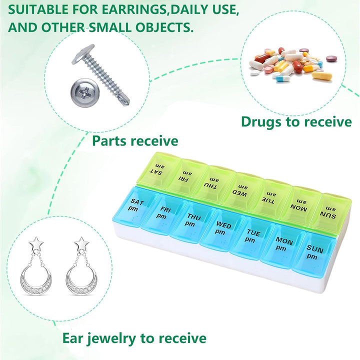 7-Day Pill Box - Pill Boxes 7 Day 2 Times a Day-Daily Medication, Pill Organiser,Tablet Tablet Organiser for Travel (Blue-Green)