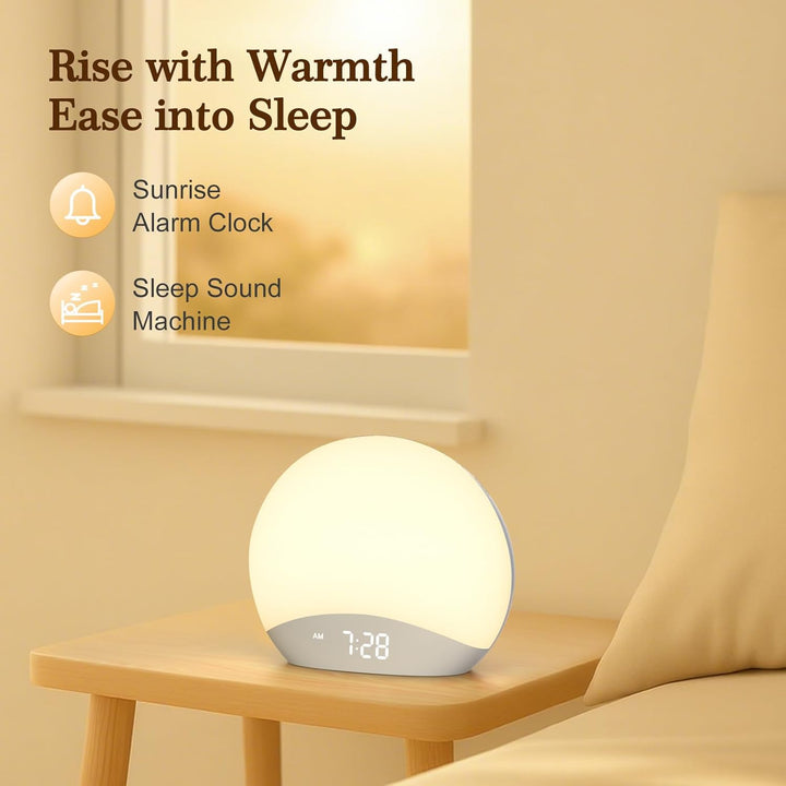 Sunrise Alarm Clock, Wake up Light, White Noise Sound Machine, Bedside Lamp, 26 Sleeping Natural Sounds, Dimmable Multicolor Night Light, Timer, Digital Clock for Baby, Kids, Adult