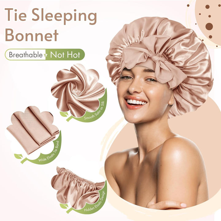 Silk Bonnet for Sleeping for Curly Hair, Satin Bonnet Hair Wrap for Women & Men, Adjustable Silk Scarf Night Cap with Tie Band, Champagne