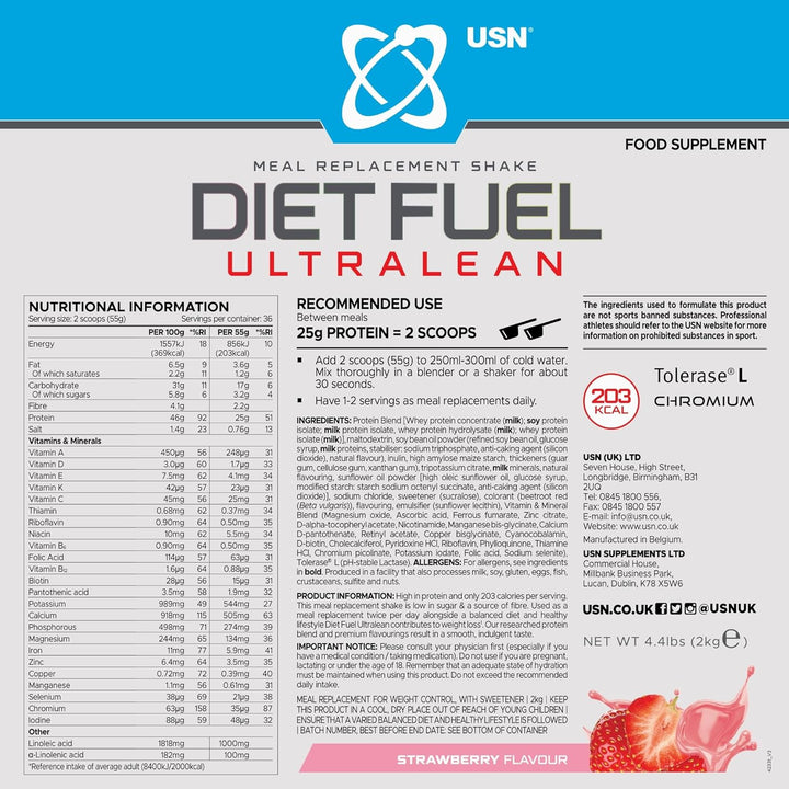 Diet Fuel Ultralean Meal Replacement Shake Powder (Strawberry, 2Kg - 36 Servings/Meals) Tasty High Protein Shake to Feel Full for Longer, Weight Control Powder, Drink Mix with 25G Protein
