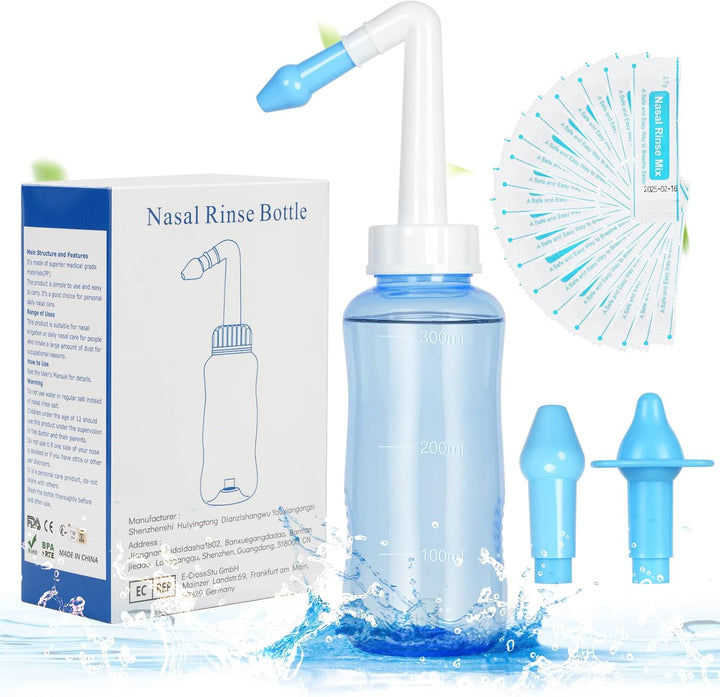 Neti Pot, Nasal Rinse Kit Nose Wash Cleaner, 300Ml Sinus Rinse Bottle with 40 Nasal Wash Salt Packets, Pressure Rinse Nasal Irrigation for Adult and Kid BPA Free