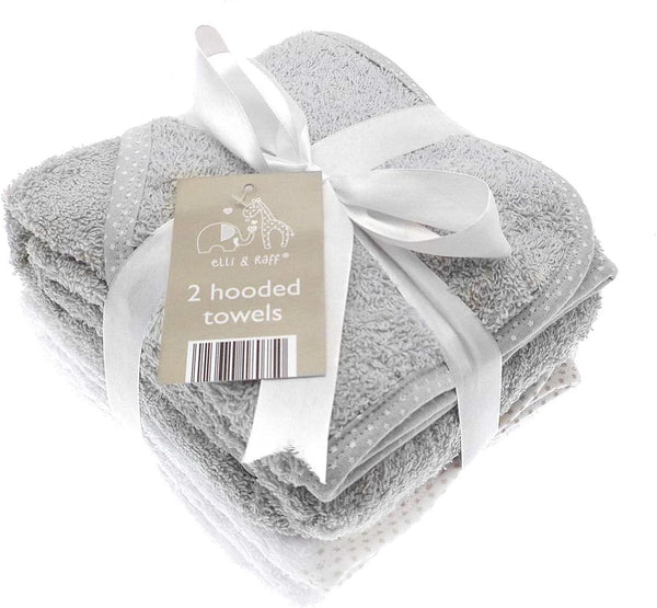 Pack of 2 White and Grey Elli and Raff Baby Hooded Bath Time Towel 100% Cotton Baby Gift