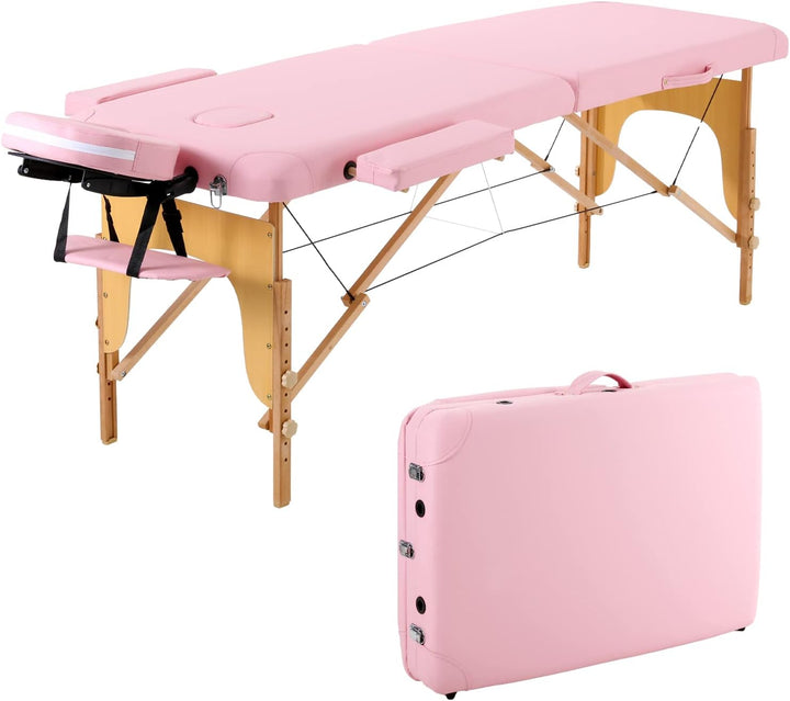 2 Sections Portable Massage Bed Wooden Legs Adjustable Height Folding Tattoo Table (Black)