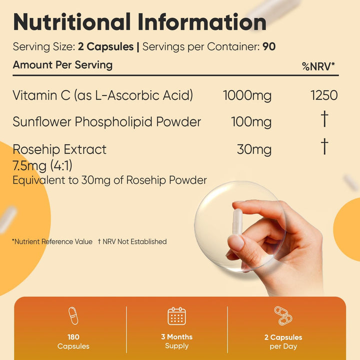 Liposomal Vitamin C Capsules 1000Mg - 180 Vegan Capsules (3 Months Supply) - L-Ascorbic Acid with Rosehip & Sunflower Phospholipid - Non-Gmo & Gluten-Free - Liposomal VIT C Supplement for Men & Women