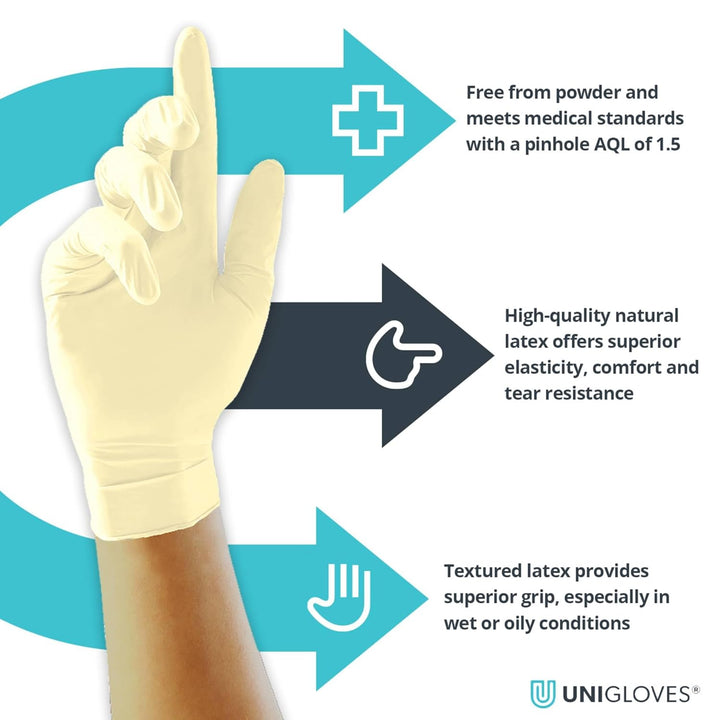 Unicare Latex GS0013 Examination - Multipurpose, Powder Free Disposable Gloves, Box of 100 Gloves, Natural, Medium