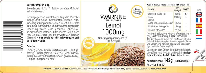 Linseed Oil 1000Mg – Alpha Linolenic Acid - 100 Softgels - German Pharmacy Quality