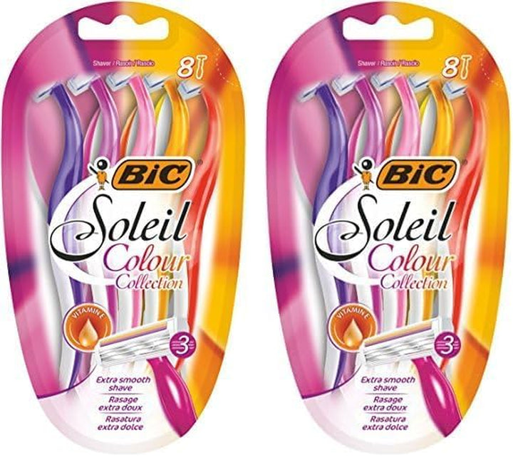 Miss Soleil Colour Collection 3-Blade Razors for Women with Easy Grip Handle and Lubricating Strips, Pack of 8