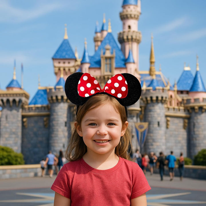 Black with Red Bow & White Polka Dot Minnie Mouse Disney Fancy Dress Ears Head Band