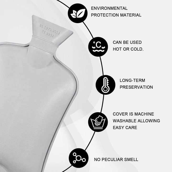 Hot Water Bottle with Luxury Cosy Faux Fur Cover UK, 2L Leakproof Hot Water Bag for Neck, Shoulder Pain and Hand Feet Warmer (Grey)