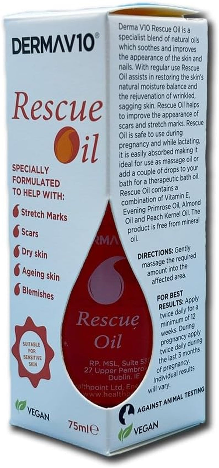 Derma V10 Rescue Oil, Reduce Appearance of Stretch Marks Scar Tissue, Dry, Dehydrated Skin, after Sun, Ageing, Blemishes, Clinically Tested, Paraben Free, Vegan Friendly, Made in the UK