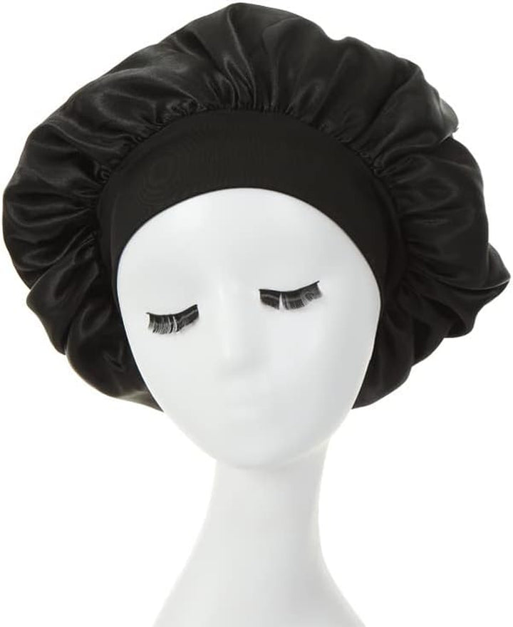 Hair Bonnet for Sleeping, Wide Elastic Band Satin Bonnet Silk Bonnet Shower Cap for Women Girls Makeup Hair Care Elastic Hat Soft Sleep Cap Satin Head Cover for Night Sleep Curly Hair Protection