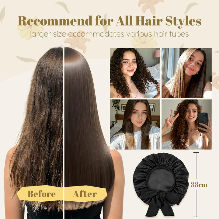 Silk Bonnet, Satin Bonnets for Sleeping, 1 PCS Adjustable Hairs Bonnetss for Women and Hairs Band, Hairs Silk Bonnet for Sleeping, Hairs Bonnets with Tie Band for Curly Hair Braid Women Black